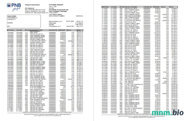Filipiński Narodowy Bank (PNB) dowód adresu szablon wyciągu bankowego w formacie Word i PDF